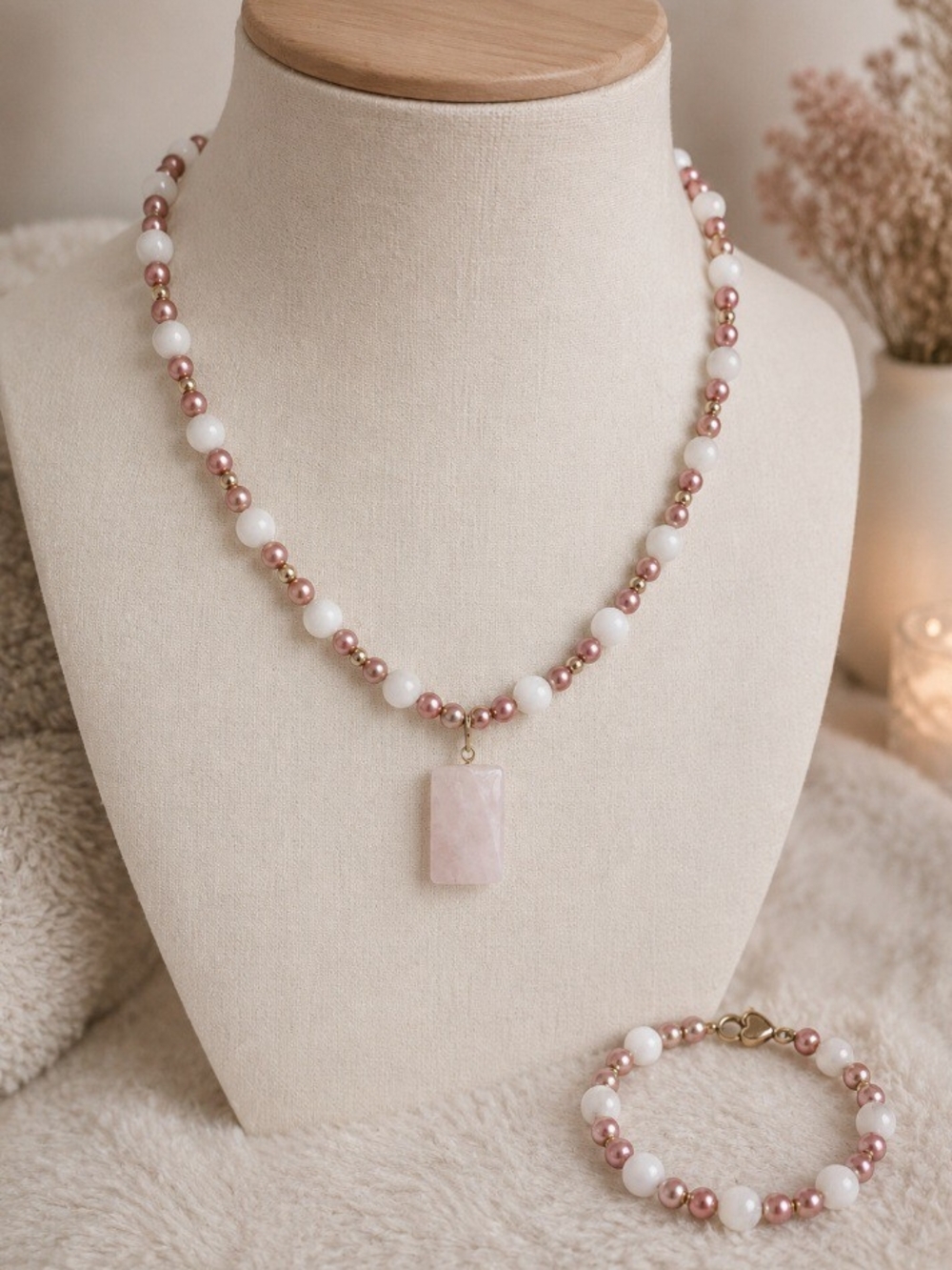 Rose Quartz Inspired Beaded Necklace & Bracelet Set | Pink & White Gold Accent |